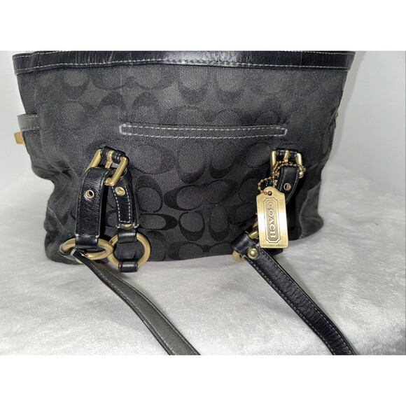 Auth COACH Signature Gallery Tote 10384 Black Dark Gray Jacquard Gold Hardware - Picture 1 of 11